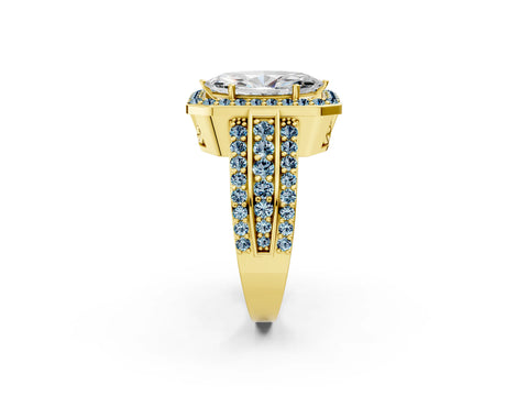 Yellow gold Marquise Cut Halo Diamond Ring with Round with Aquamarine side stone Split Shank and Prong Setting_2