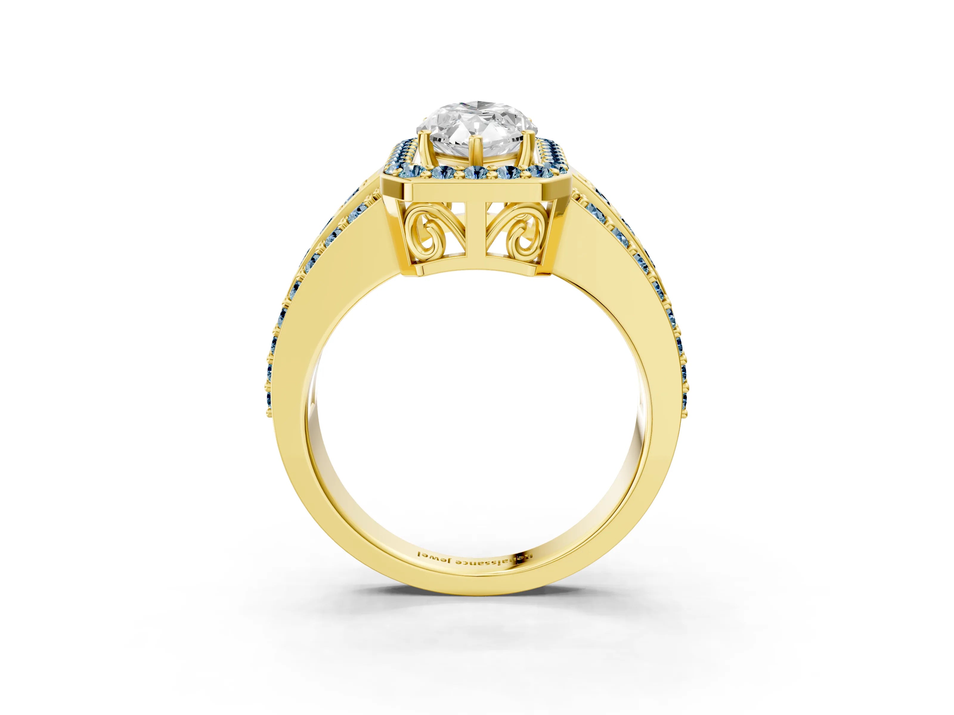 Yellow gold Marquise Cut Halo Diamond Ring with Round with Aquamarine side stone Split Shank and Prong Setting_3