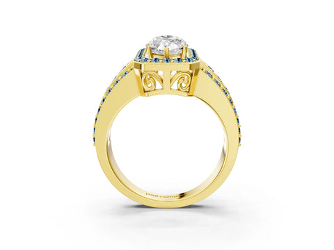 Yellow gold Marquise Cut Halo Diamond Ring with Round with Aquamarine side stone Split Shank and Prong Setting_3