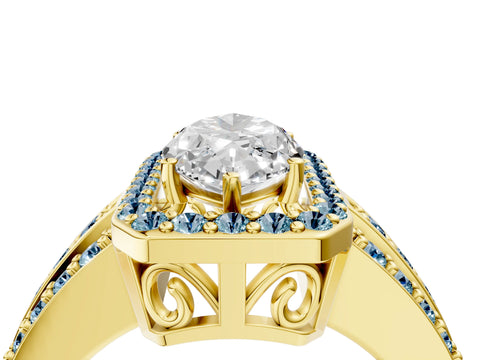 Yellow gold Marquise Cut Halo Diamond Ring with Round with Aquamarine side stone Split Shank and Prong Setting_4