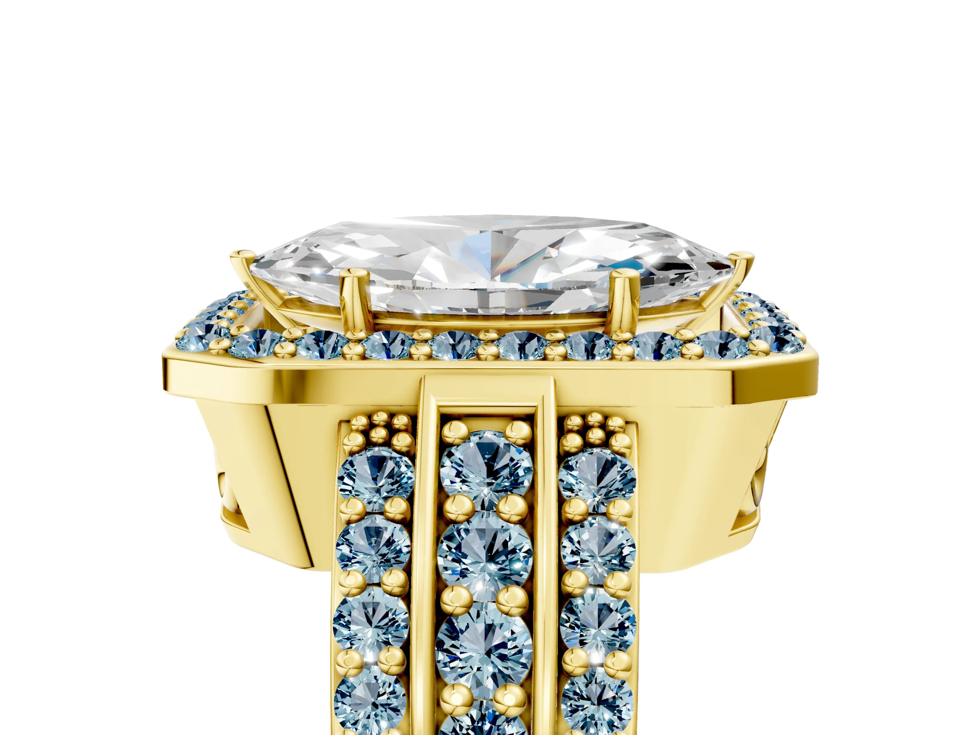 Yellow gold Marquise Cut Halo Diamond Ring with Round with Aquamarine side stone Split Shank and Prong Setting_5