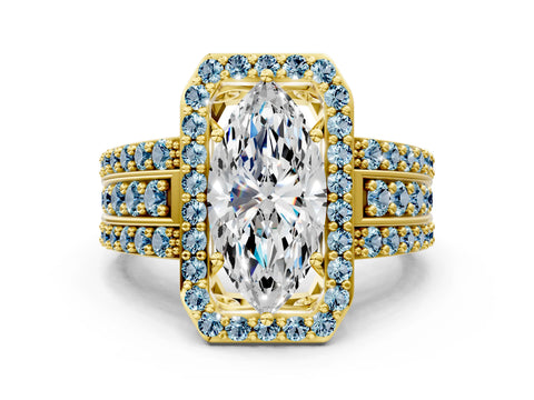 Yellow gold Marquise Cut Halo Diamond Ring with Round with Aquamarine side stone Split Shank and Prong Setting
