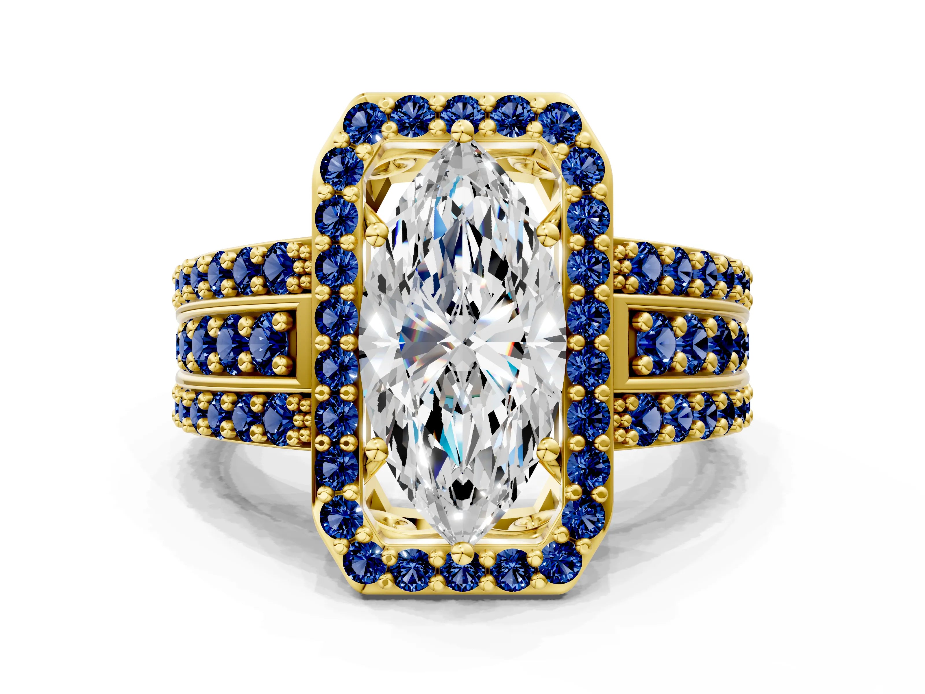 Yellow gold Marquise Cut Halo Diamond Ring with Round with Blue Sapphire side stone Split Shank and Prong Setting