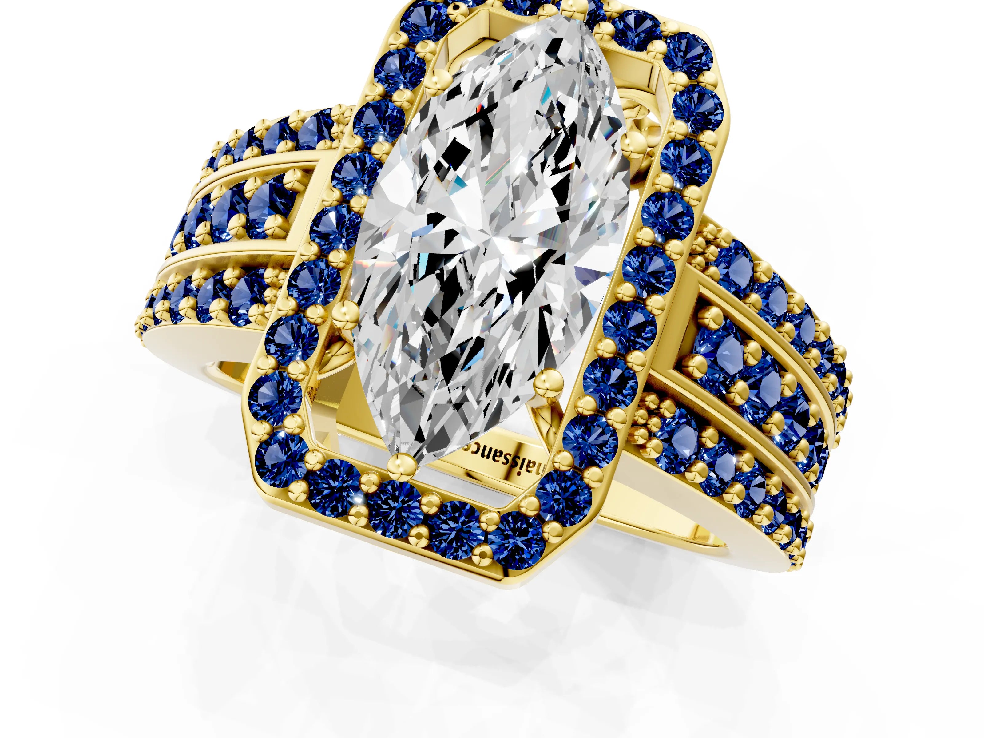 Yellow gold Marquise Cut Halo Diamond Ring with Round with Blue Sapphire side stone Split Shank and Prong Setting_1