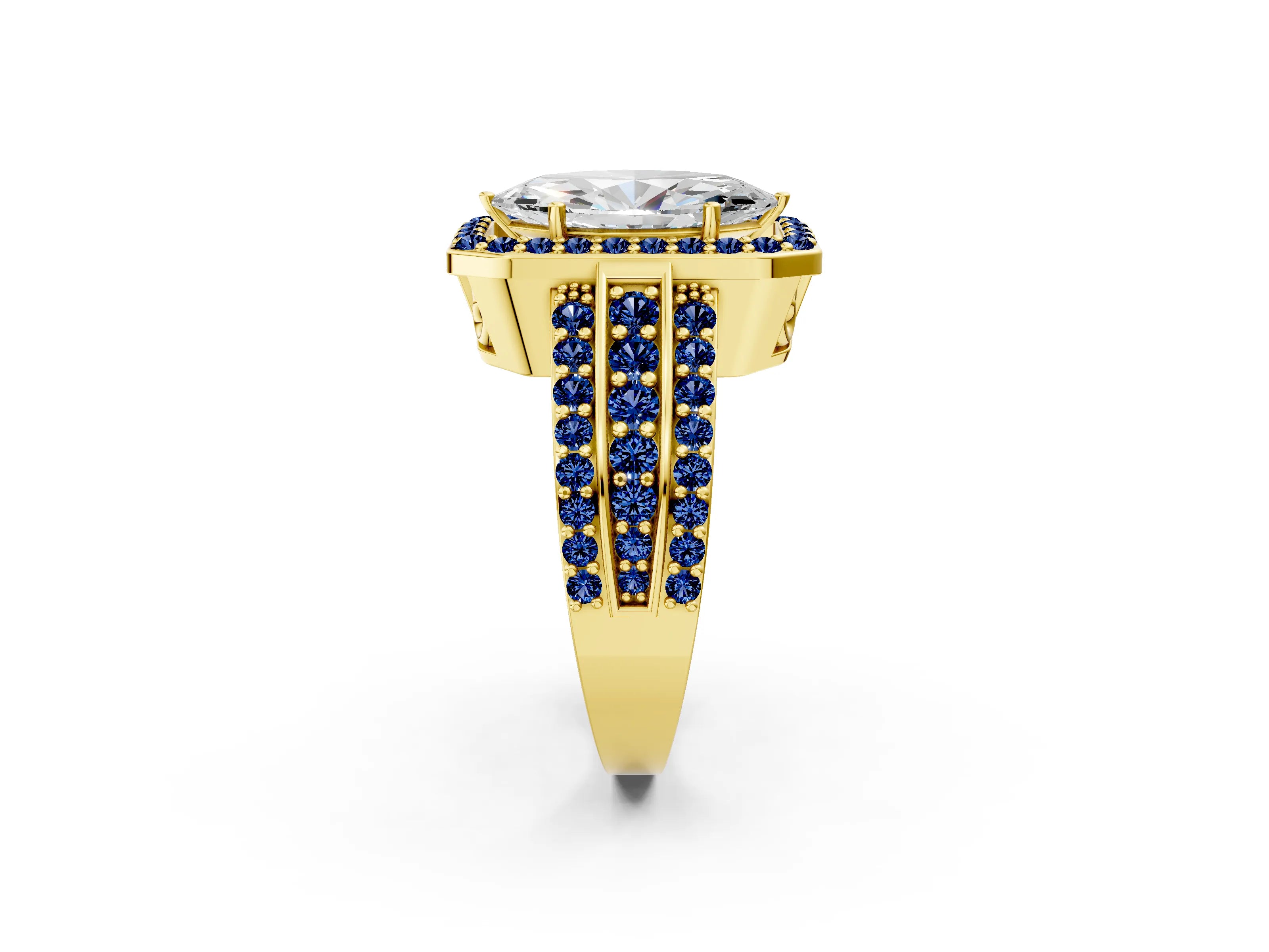 Yellow gold Marquise Cut Halo Diamond Ring with Round with Blue Sapphire side stone Split Shank and Prong Setting_2