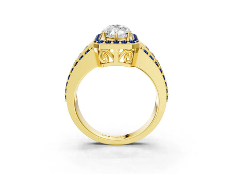 Yellow gold Marquise Cut Halo Diamond Ring with Round with Blue Sapphire side stone Split Shank and Prong Setting_3