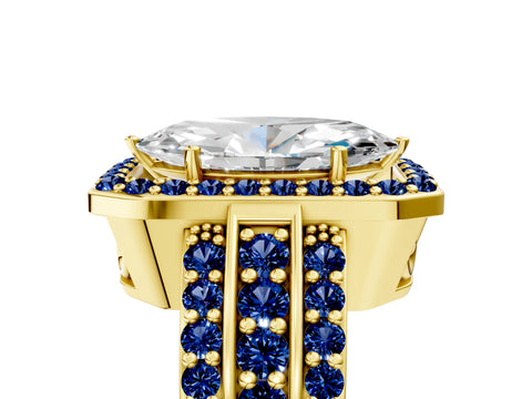 Yellow gold Marquise Cut Halo Diamond Ring with Round with Blue Sapphire side stone Split Shank and Prong Setting_5