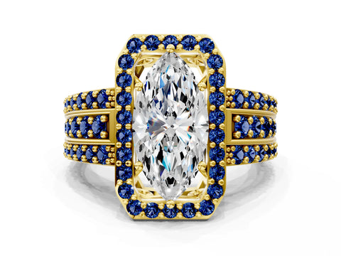 Yellow gold Marquise Cut Halo Diamond Ring with Round with Blue Sapphire side stone Split Shank and Prong Setting