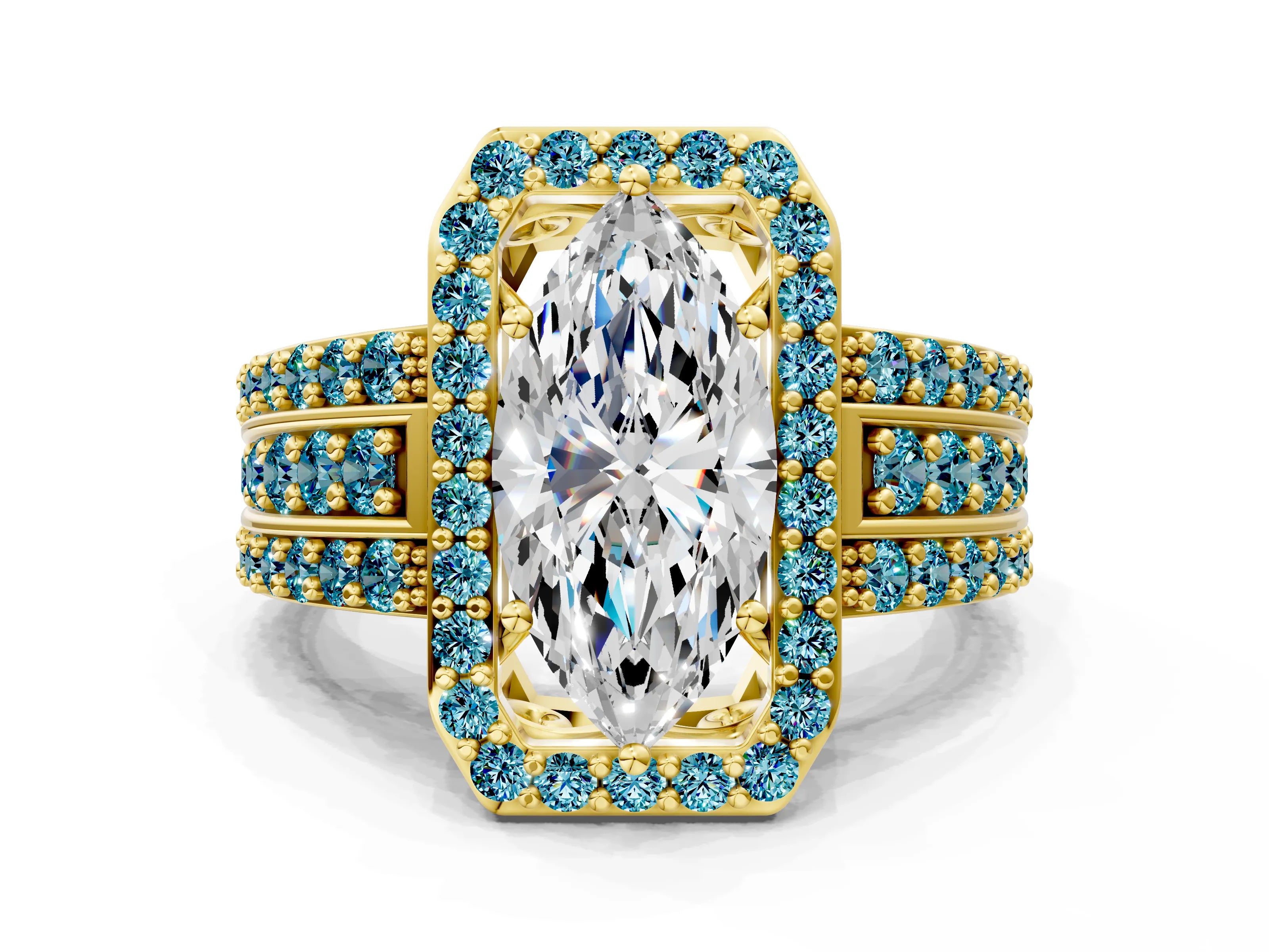 Yellow gold Marquise Cut Halo Diamond Ring with Round with Blue Topaz side stone Split Shank and Prong Setting