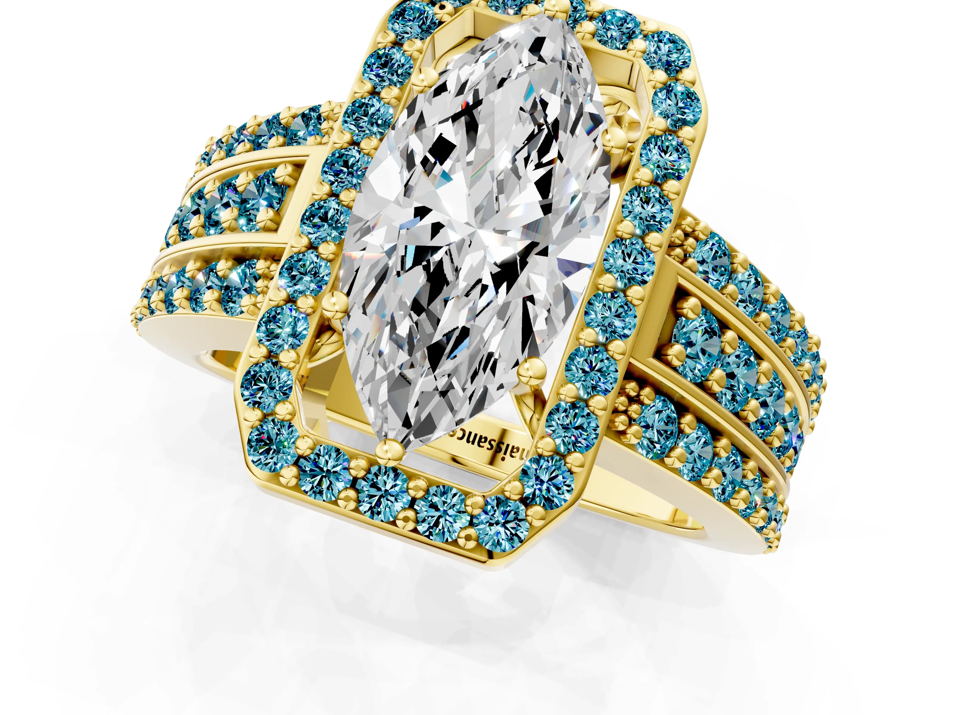 Yellow gold Marquise Cut Halo Diamond Ring with Round with Blue Topaz side stone Split Shank and Prong Setting_1