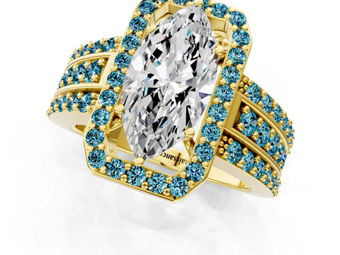 Yellow gold Marquise Cut Halo Diamond Ring with Round with Blue Topaz side stone Split Shank and Prong Setting_1