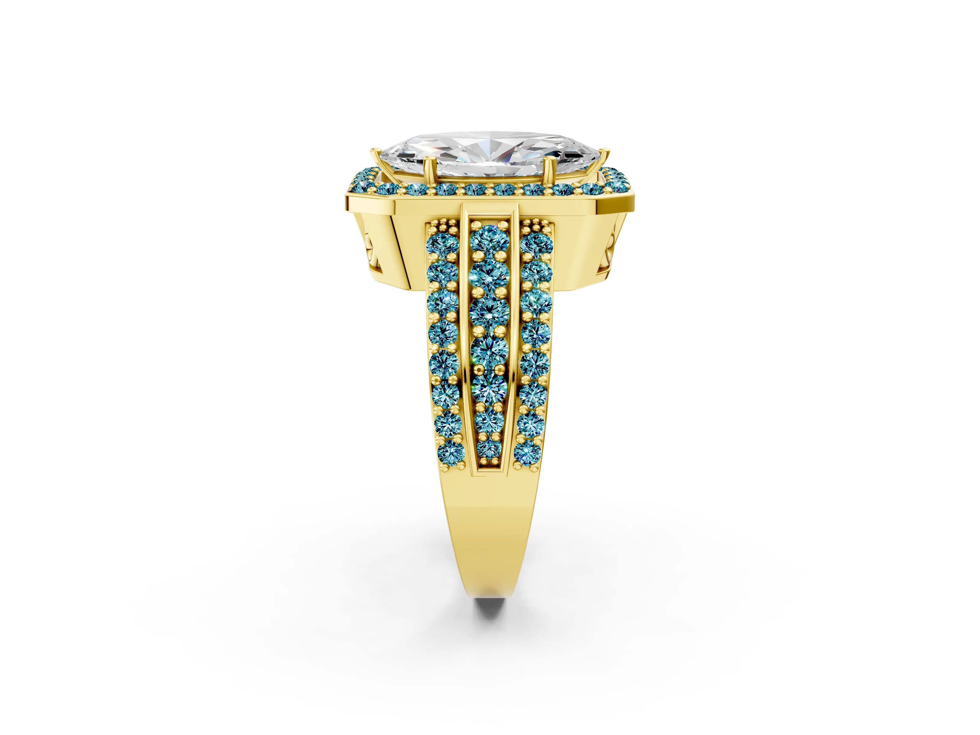 Yellow gold Marquise Cut Halo Diamond Ring with Round with Blue Topaz side stone Split Shank and Prong Setting_2