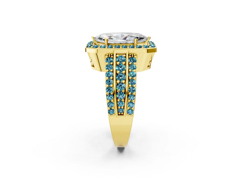 Yellow gold Marquise Cut Halo Diamond Ring with Round with Blue Topaz side stone Split Shank and Prong Setting_2