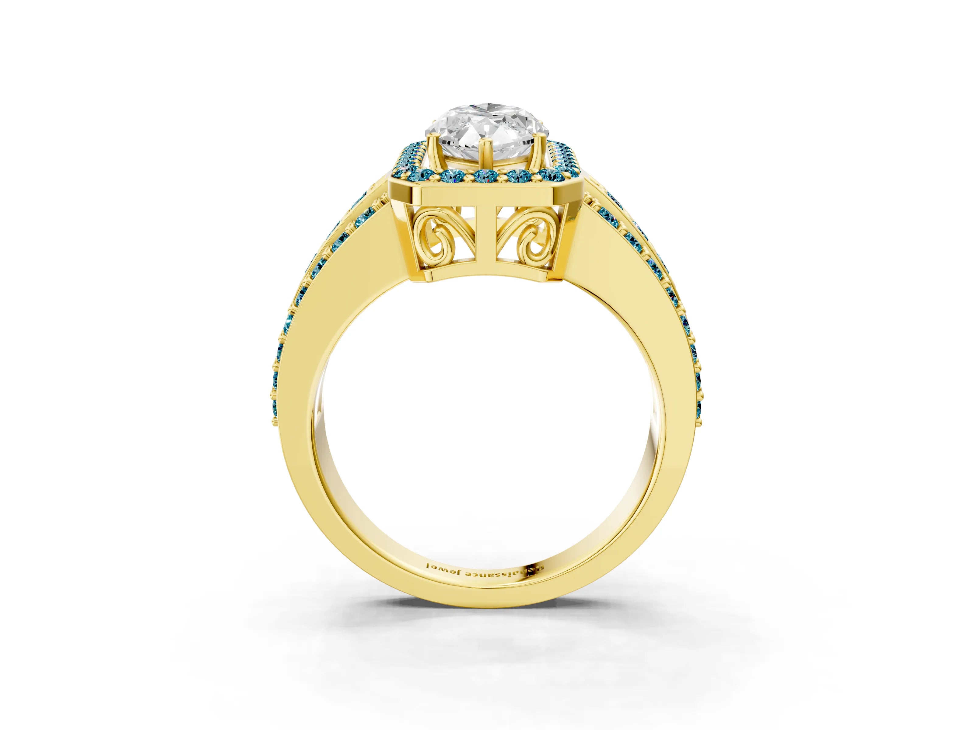 Yellow gold Marquise Cut Halo Diamond Ring with Round with Blue Topaz side stone Split Shank and Prong Setting_3