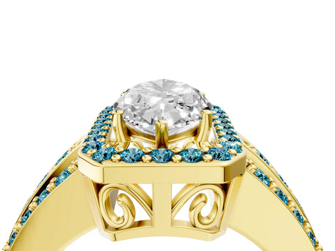 Yellow gold Marquise Cut Halo Diamond Ring with Round with Blue Topaz side stone Split Shank and Prong Setting_4