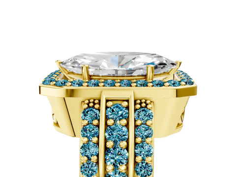 Yellow gold Marquise Cut Halo Diamond Ring with Round with Blue Topaz side stone Split Shank and Prong Setting_5