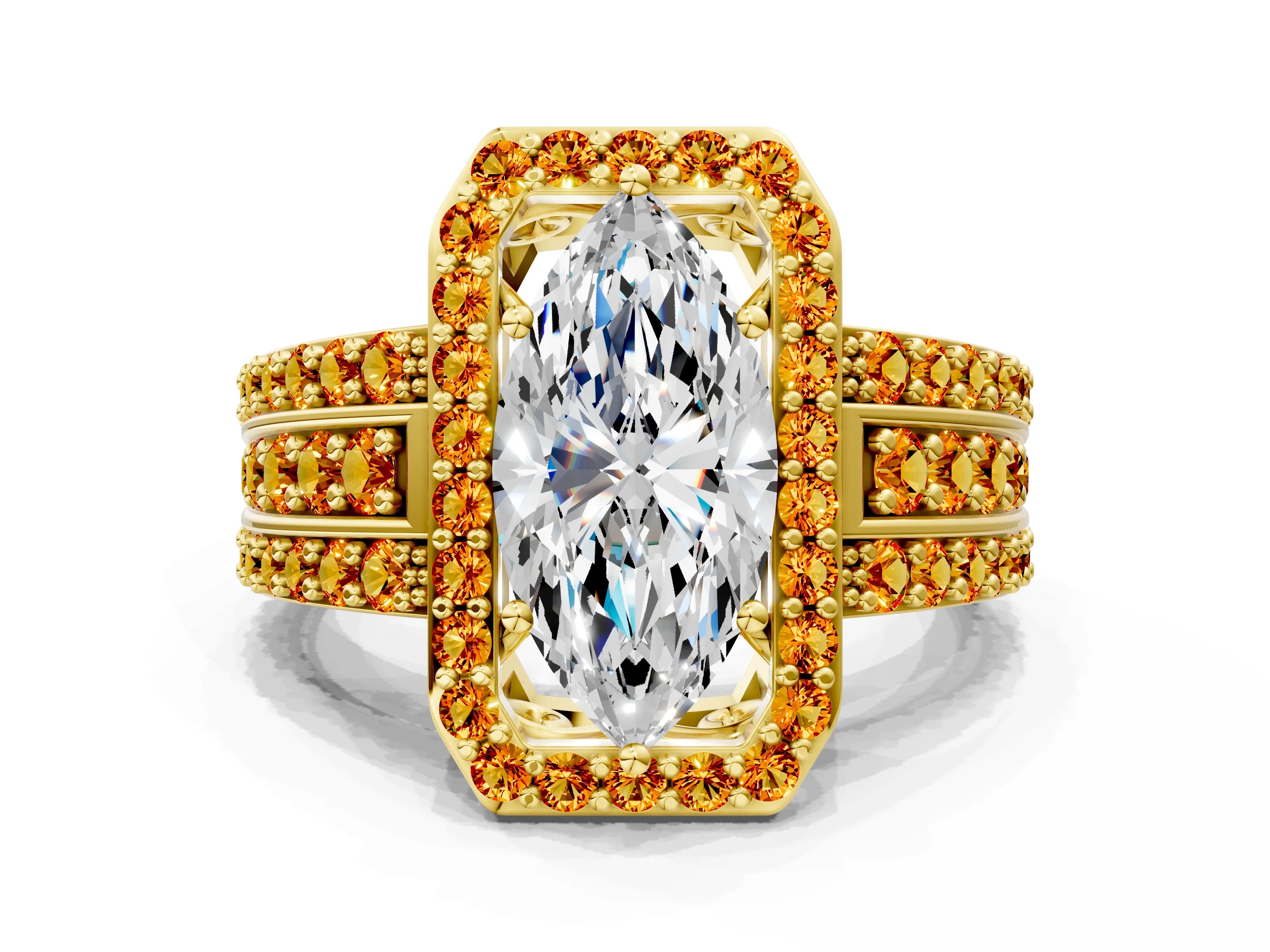 Yellow gold Marquise Cut Halo Diamond Ring with Round with Citrine side stone Split Shank and Prong Setting