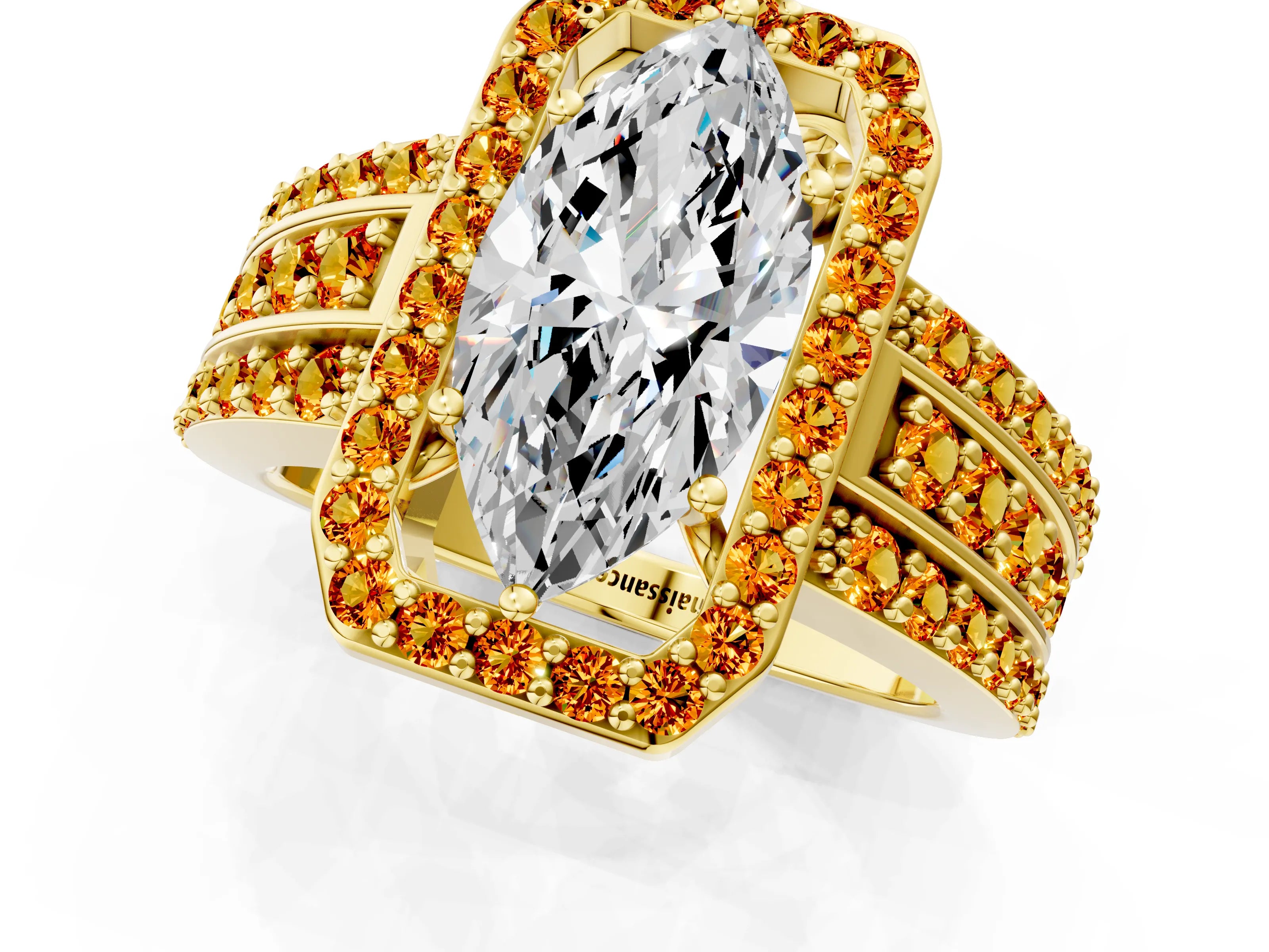 Yellow gold Marquise Cut Halo Diamond Ring with Round with Citrine side stone Split Shank and Prong Setting_1