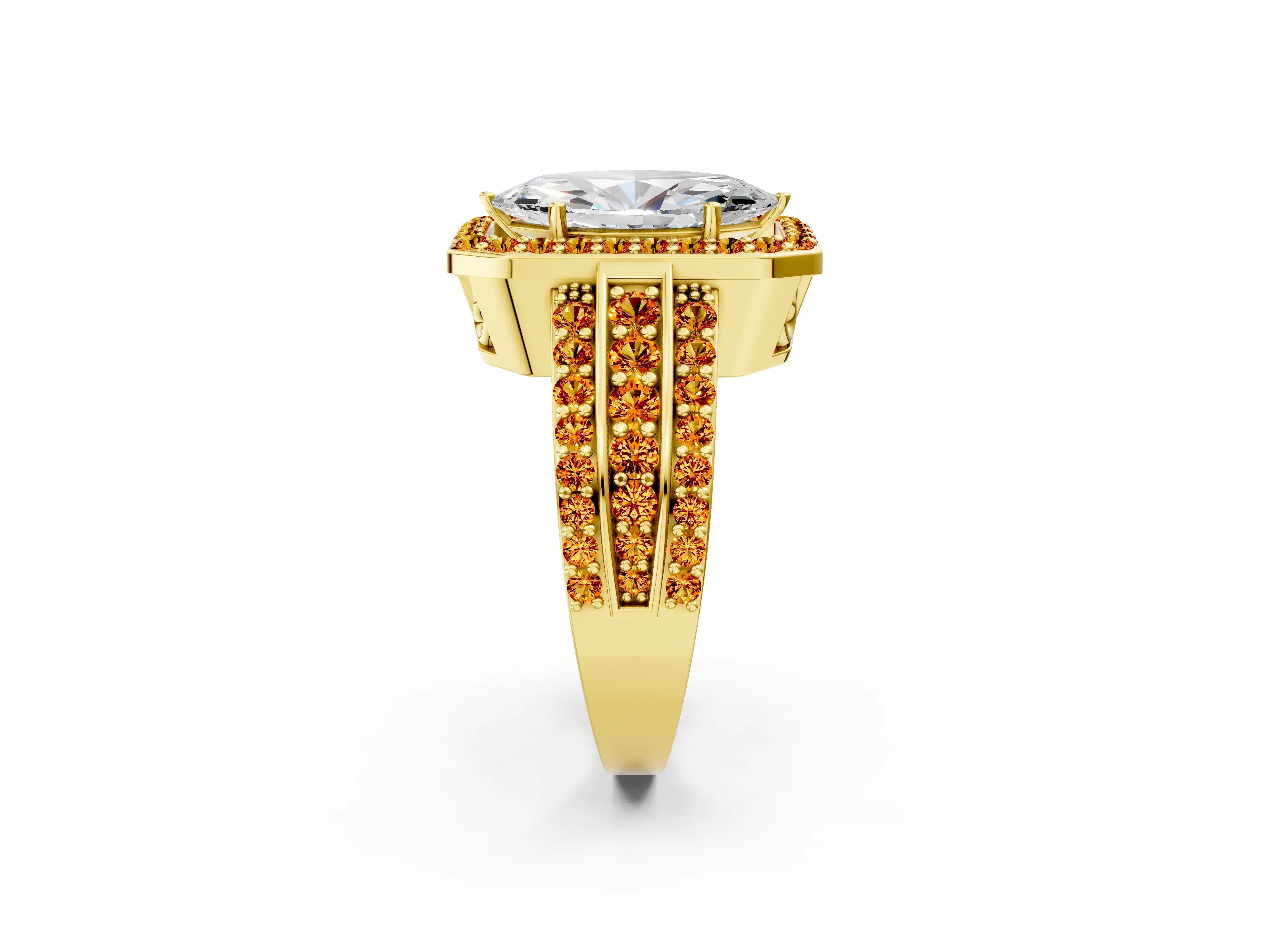 Yellow gold Marquise Cut Halo Diamond Ring with Round with Citrine side stone Split Shank and Prong Setting_2