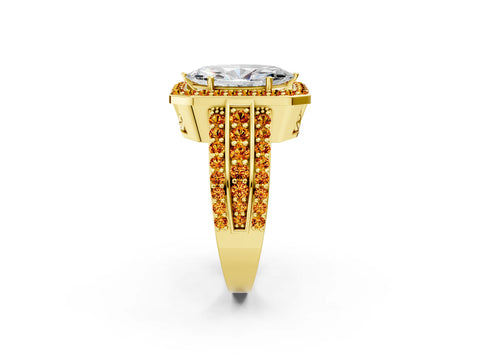Yellow gold Marquise Cut Halo Diamond Ring with Round with Citrine side stone Split Shank and Prong Setting_2