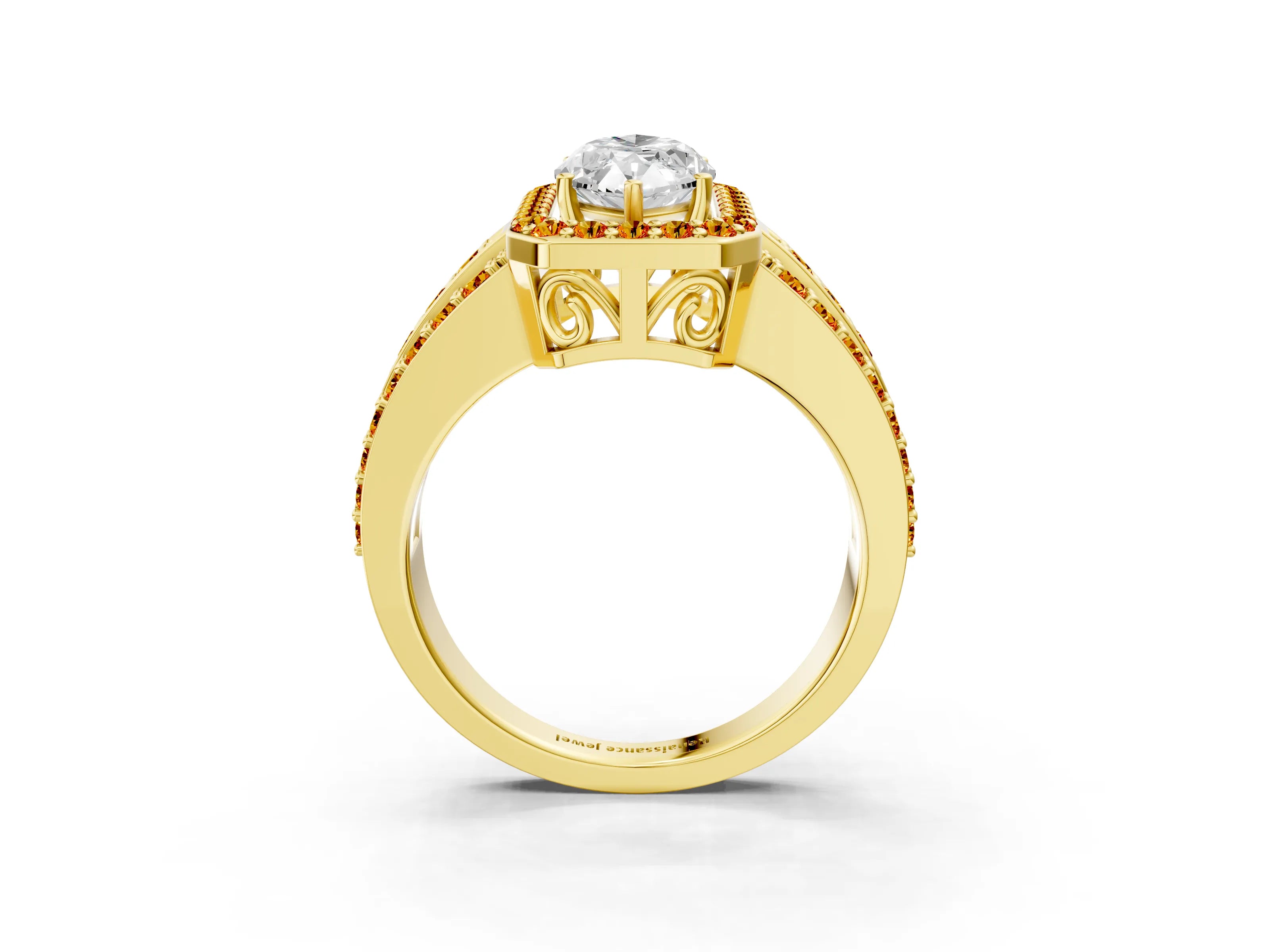 Yellow gold Marquise Cut Halo Diamond Ring with Round with Citrine side stone Split Shank and Prong Setting_3