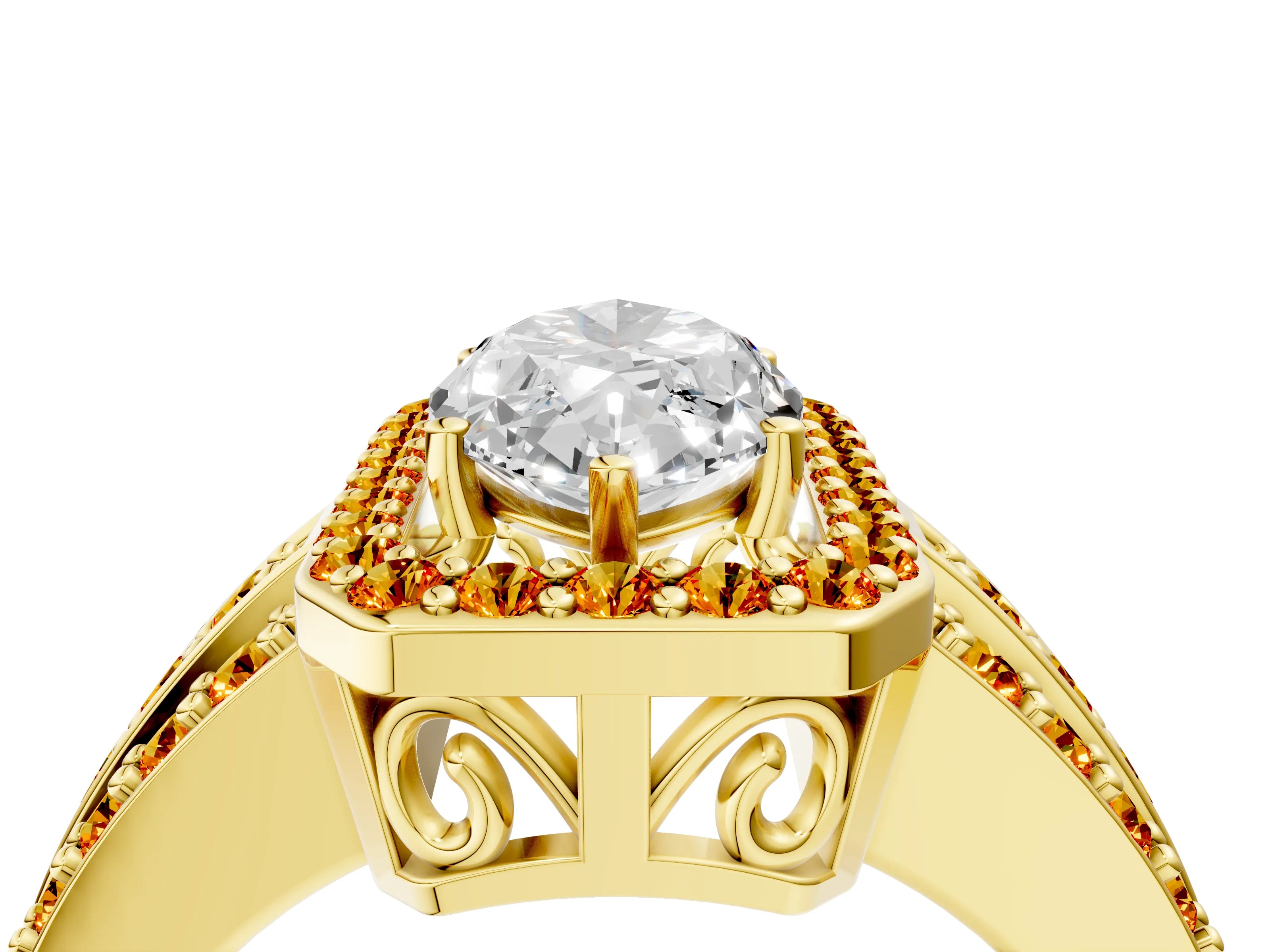 Yellow gold Marquise Cut Halo Diamond Ring with Round with Citrine side stone Split Shank and Prong Setting_4