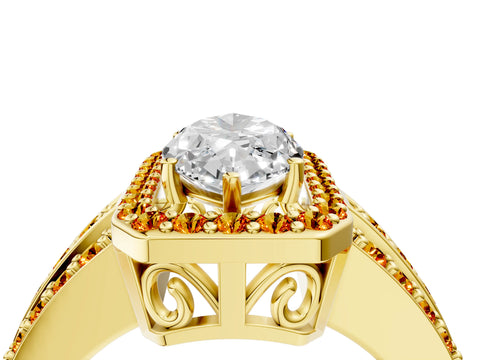 Yellow gold Marquise Cut Halo Diamond Ring with Round with Citrine side stone Split Shank and Prong Setting_4