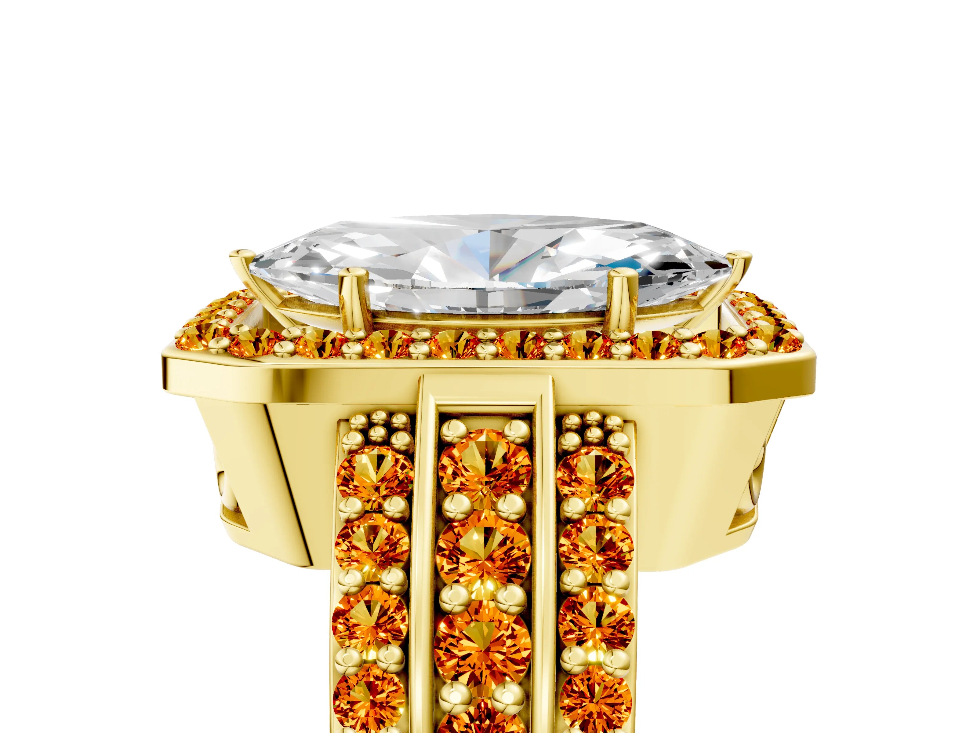 Yellow gold Marquise Cut Halo Diamond Ring with Round with Citrine side stone Split Shank and Prong Setting_5