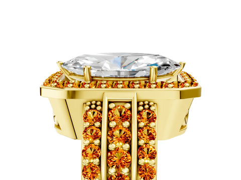 Yellow gold Marquise Cut Halo Diamond Ring with Round with Citrine side stone Split Shank and Prong Setting_5