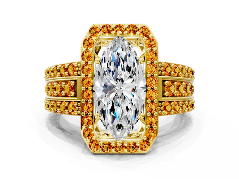 Yellow gold Marquise Cut Halo Diamond Ring with Round with Citrine side stone Split Shank and Prong Setting