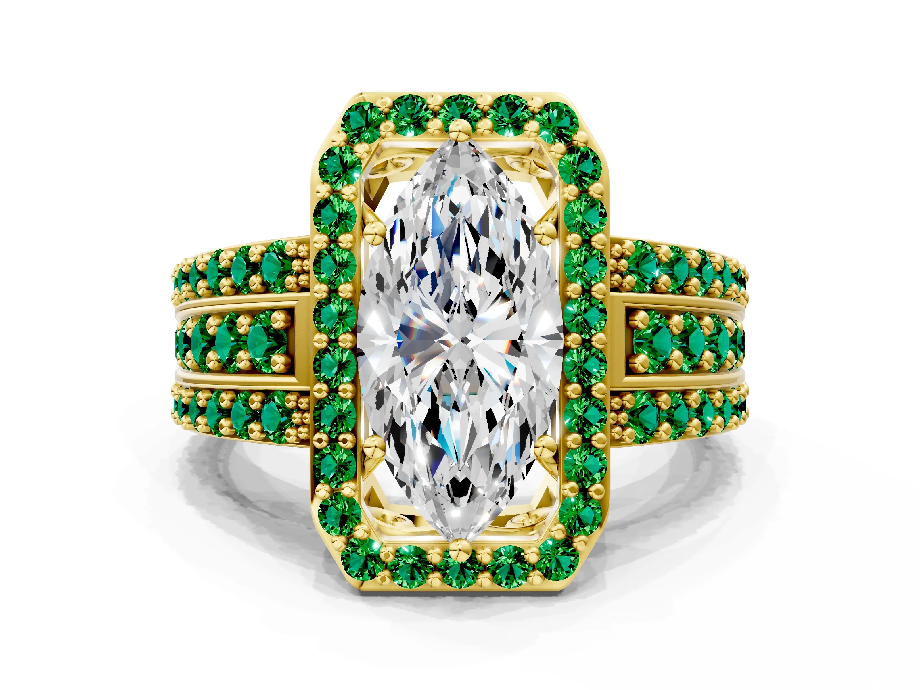 Yellow gold Marquise Cut Halo Diamond Ring with Round with Emerald side stone Split Shank and Prong Setting