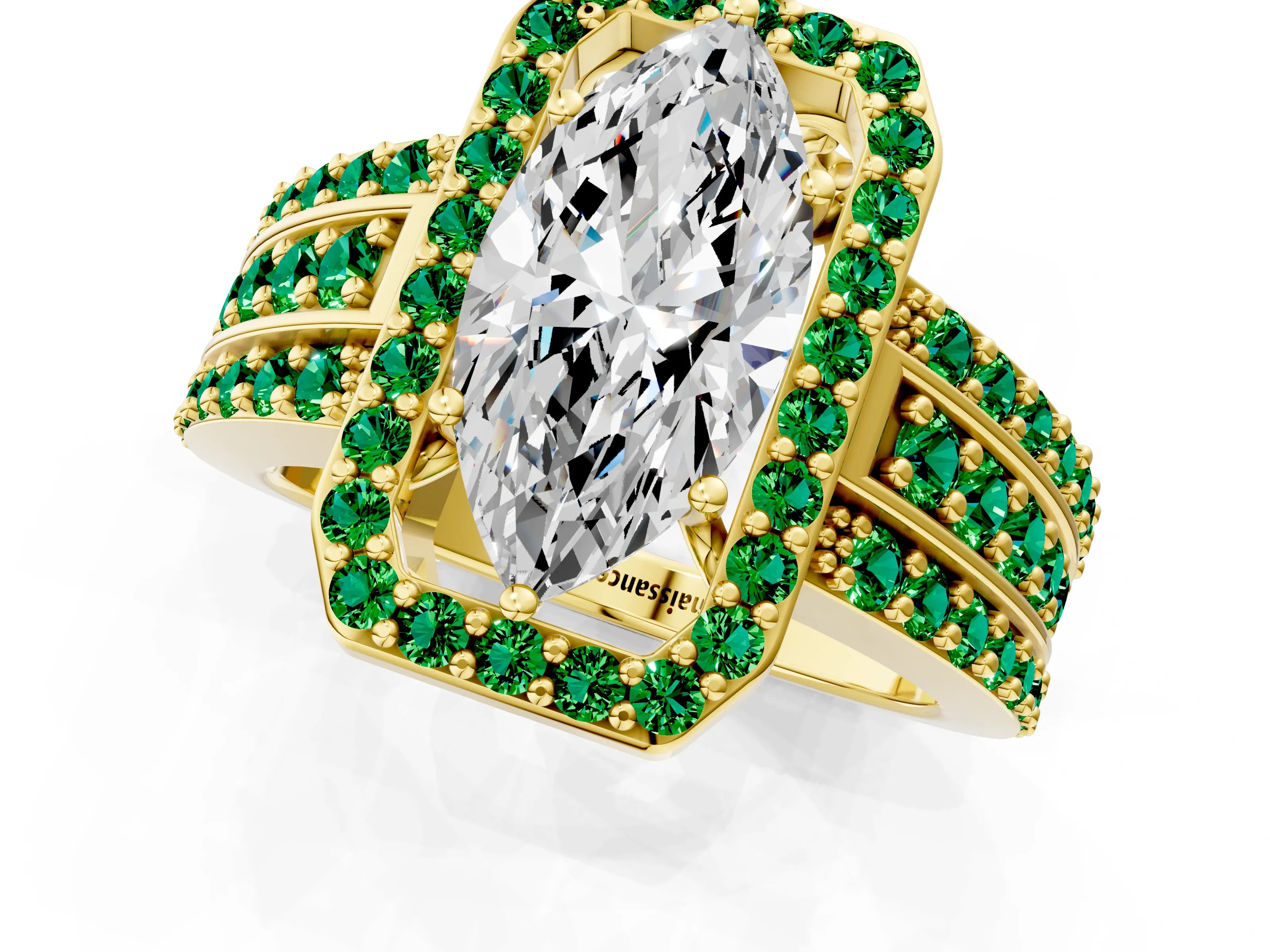 Yellow gold Marquise Cut Halo Diamond Ring with Round with Emerald side stone Split Shank and Prong Setting_1