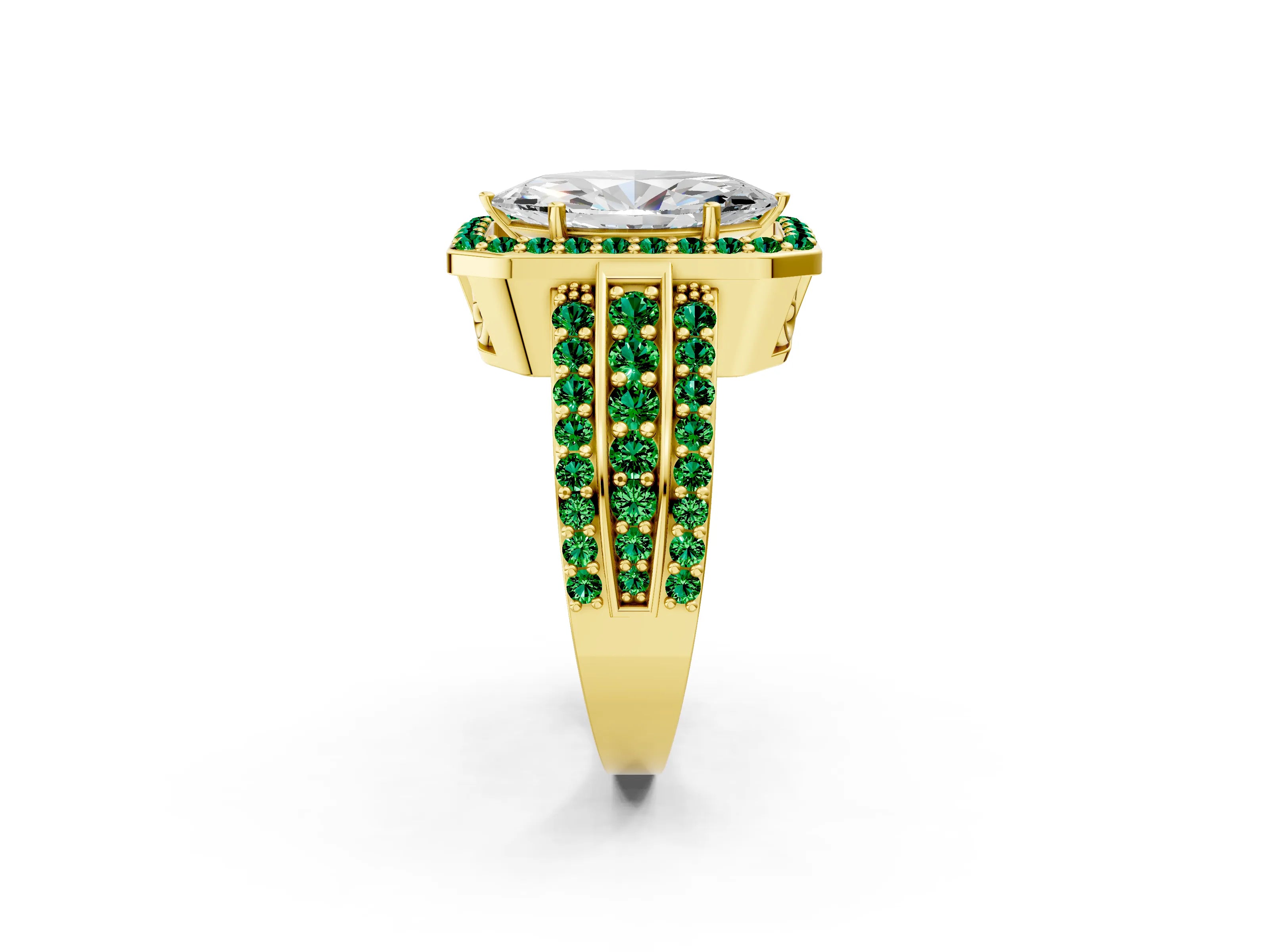Yellow gold Marquise Cut Halo Diamond Ring with Round with Emerald side stone Split Shank and Prong Setting_2