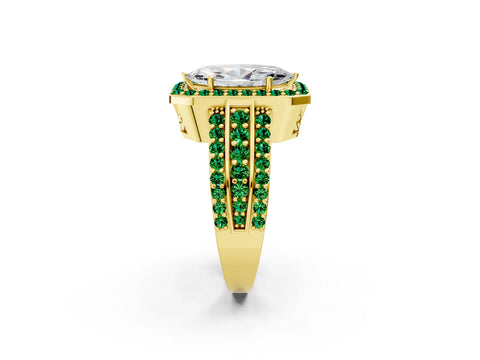 Yellow gold Marquise Cut Halo Diamond Ring with Round with Emerald side stone Split Shank and Prong Setting_2