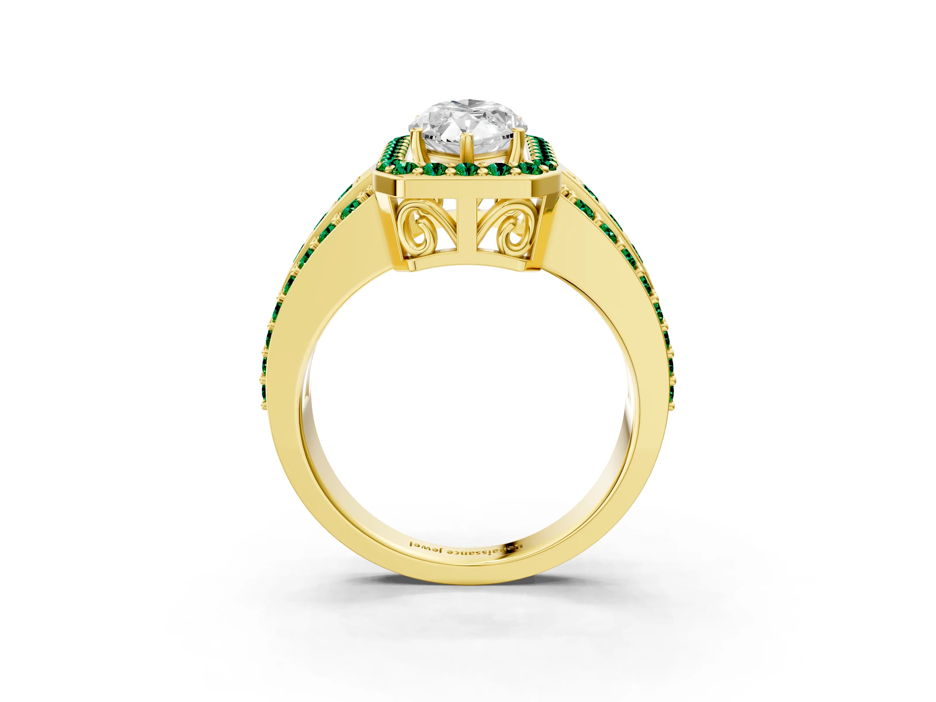 Yellow gold Marquise Cut Halo Diamond Ring with Round with Emerald side stone Split Shank and Prong Setting_3