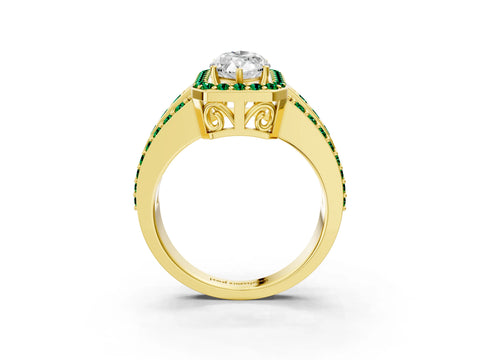 Yellow gold Marquise Cut Halo Diamond Ring with Round with Emerald side stone Split Shank and Prong Setting_3