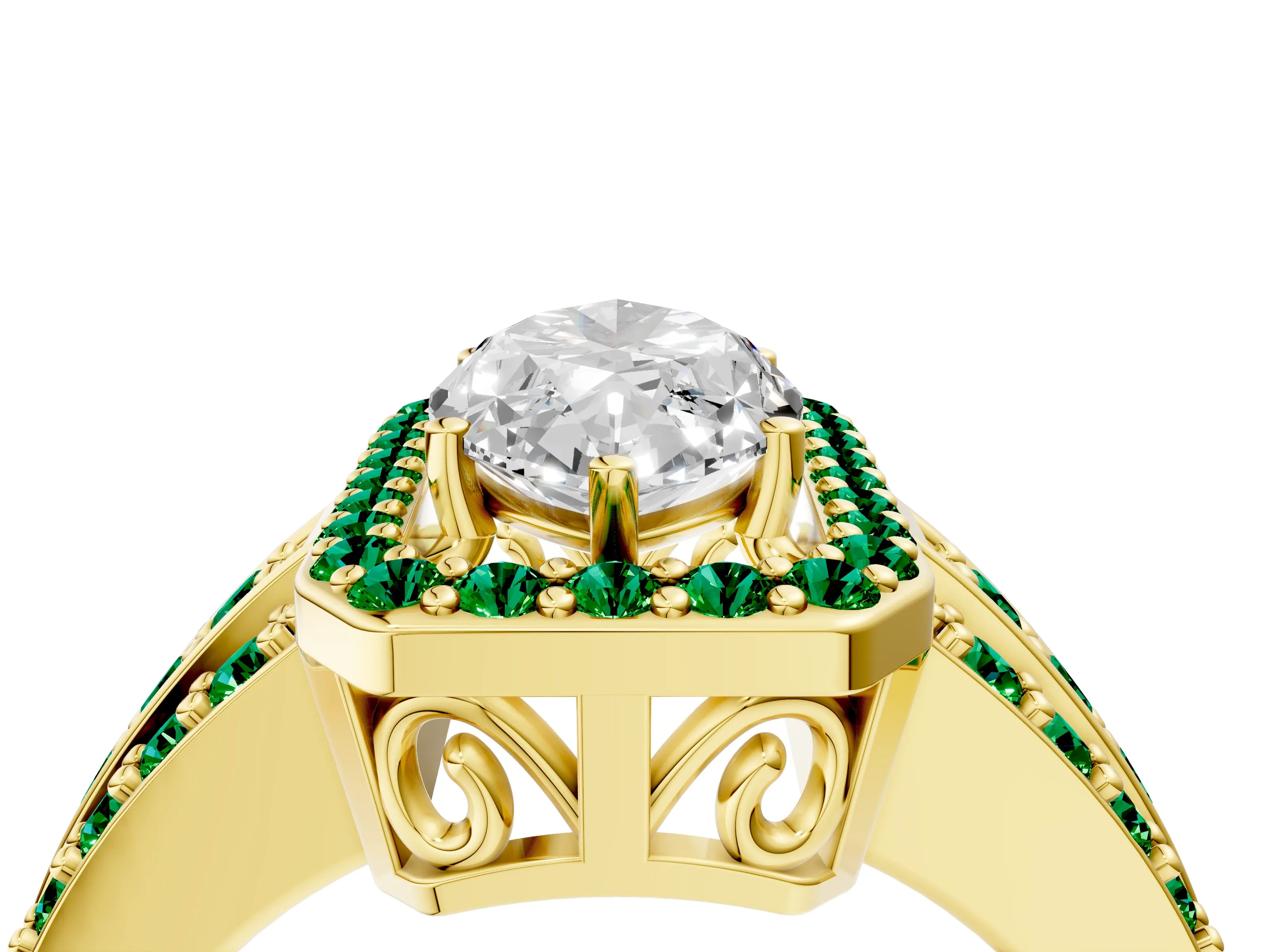 Yellow gold Marquise Cut Halo Diamond Ring with Round with Emerald side stone Split Shank and Prong Setting_4