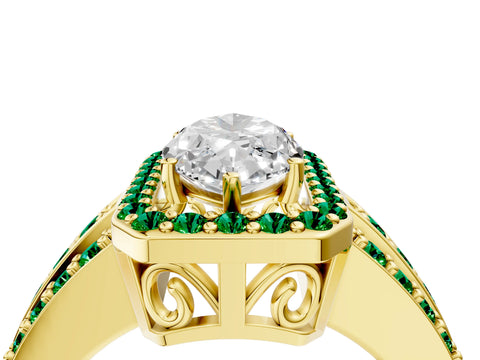 Yellow gold Marquise Cut Halo Diamond Ring with Round with Emerald side stone Split Shank and Prong Setting_4