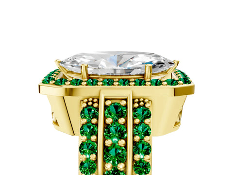 Yellow gold Marquise Cut Halo Diamond Ring with Round with Emerald side stone Split Shank and Prong Setting_5
