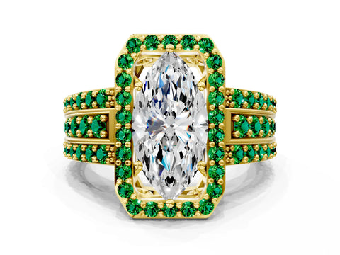 Yellow gold Marquise Cut Halo Diamond Ring with Round with Emerald side stone Split Shank and Prong Setting