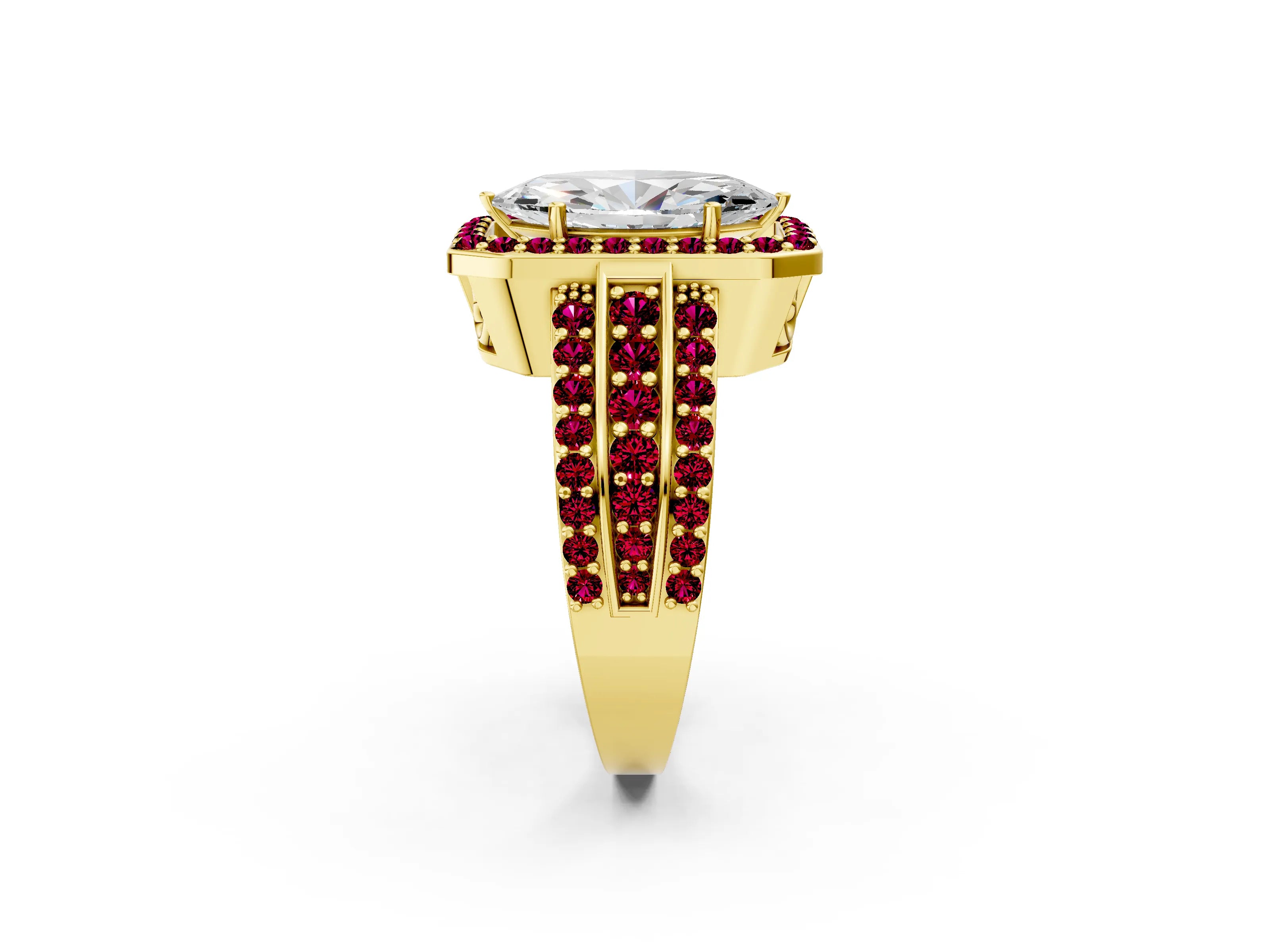 Yellow gold Marquise Cut Halo Diamond Ring with Round with Garnet side stone Split Shank and Prong Setting_2