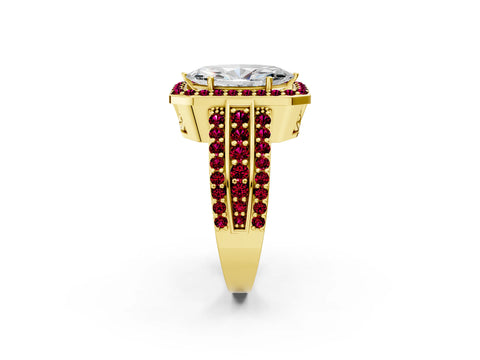 Yellow gold Marquise Cut Halo Diamond Ring with Round with Garnet side stone Split Shank and Prong Setting_2
