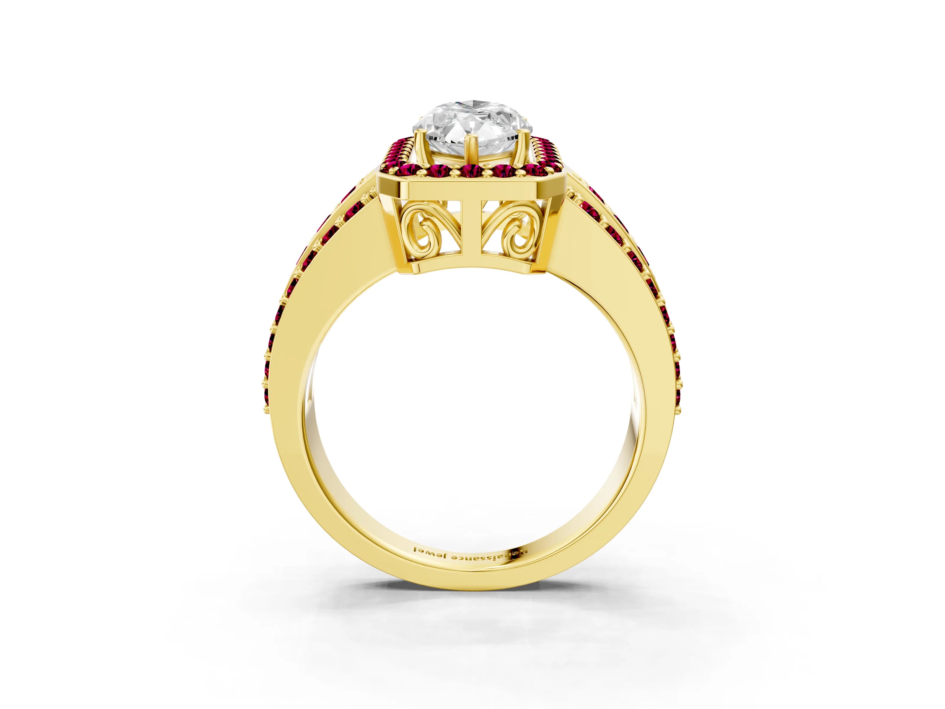Yellow gold Marquise Cut Halo Diamond Ring with Round with Garnet side stone Split Shank and Prong Setting_3
