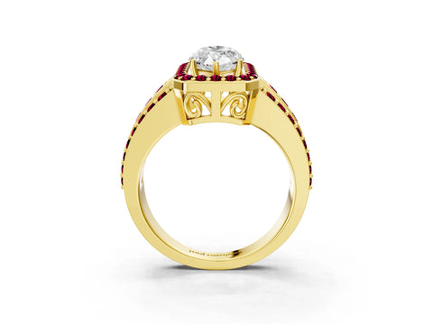 Yellow gold Marquise Cut Halo Diamond Ring with Round with Garnet side stone Split Shank and Prong Setting_3