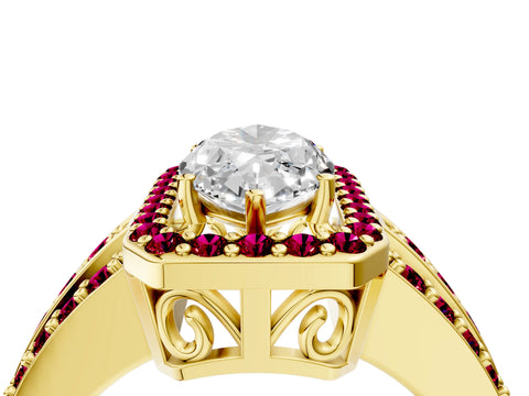 Yellow gold Marquise Cut Halo Diamond Ring with Round with Garnet side stone Split Shank and Prong Setting_4