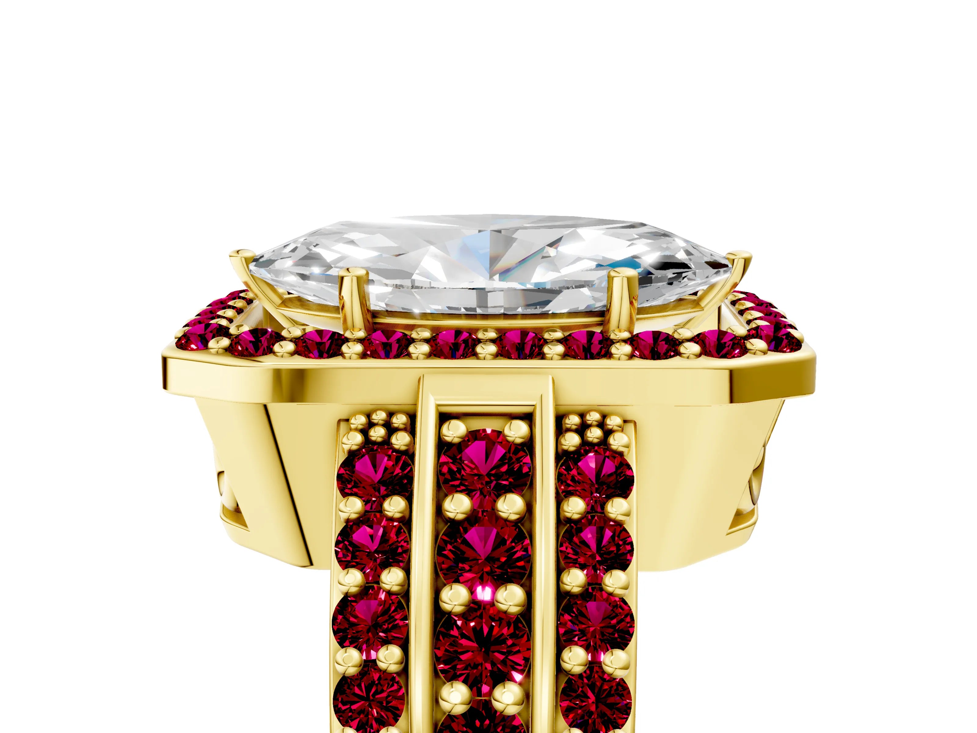 Yellow gold Marquise Cut Halo Diamond Ring with Round with Garnet side stone Split Shank and Prong Setting_5