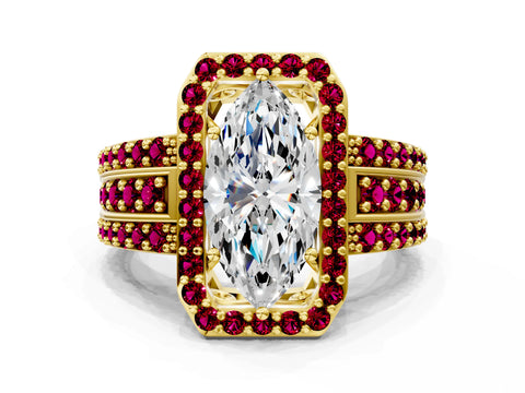 Yellow gold Marquise Cut Halo Diamond Ring with Round with Garnet side stone Split Shank and Prong Setting