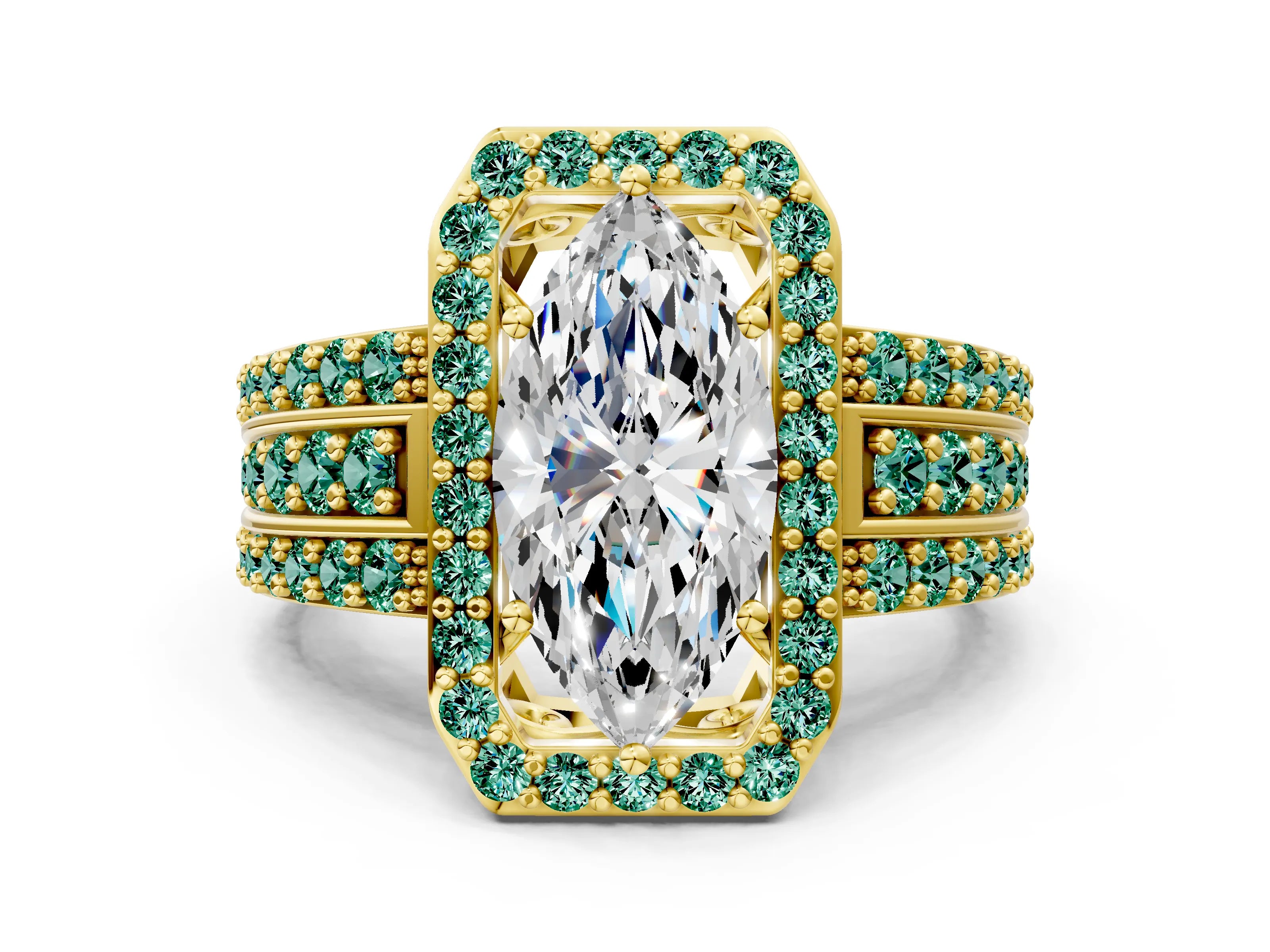 Yellow gold Marquise Cut Halo Diamond Ring with Round with Green Sapphire side stone Split Shank and Prong Setting