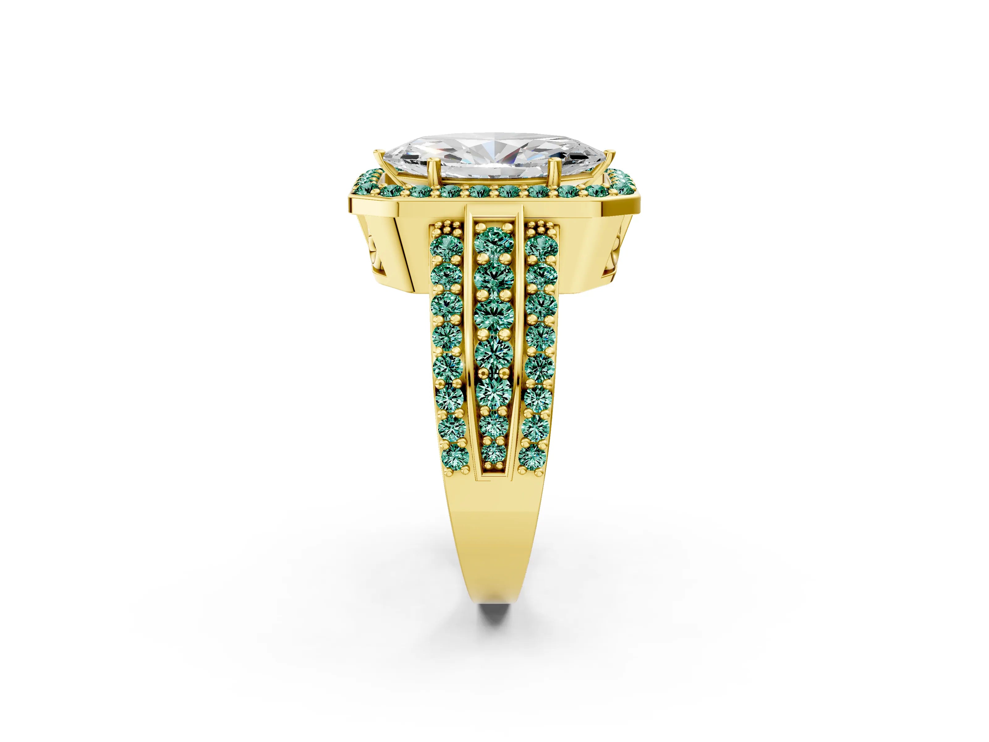 Yellow gold Marquise Cut Halo Diamond Ring with Round with Green Sapphire side stone Split Shank and Prong Setting_2