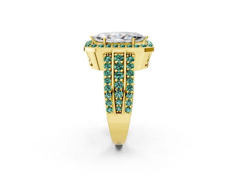 Yellow gold Marquise Cut Halo Diamond Ring with Round with Green Sapphire side stone Split Shank and Prong Setting_2